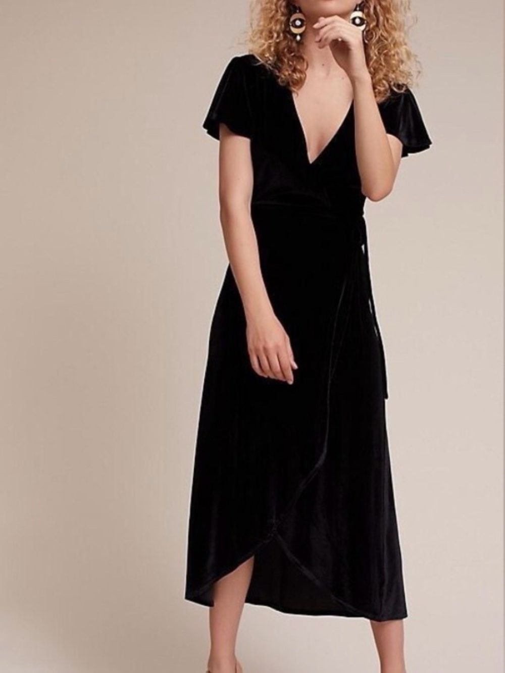 BHLDN | Anthropologie Black Velvet V-Neck Wrap Midi Short Sleeve Dress - Size XS - Picture 2 of 9